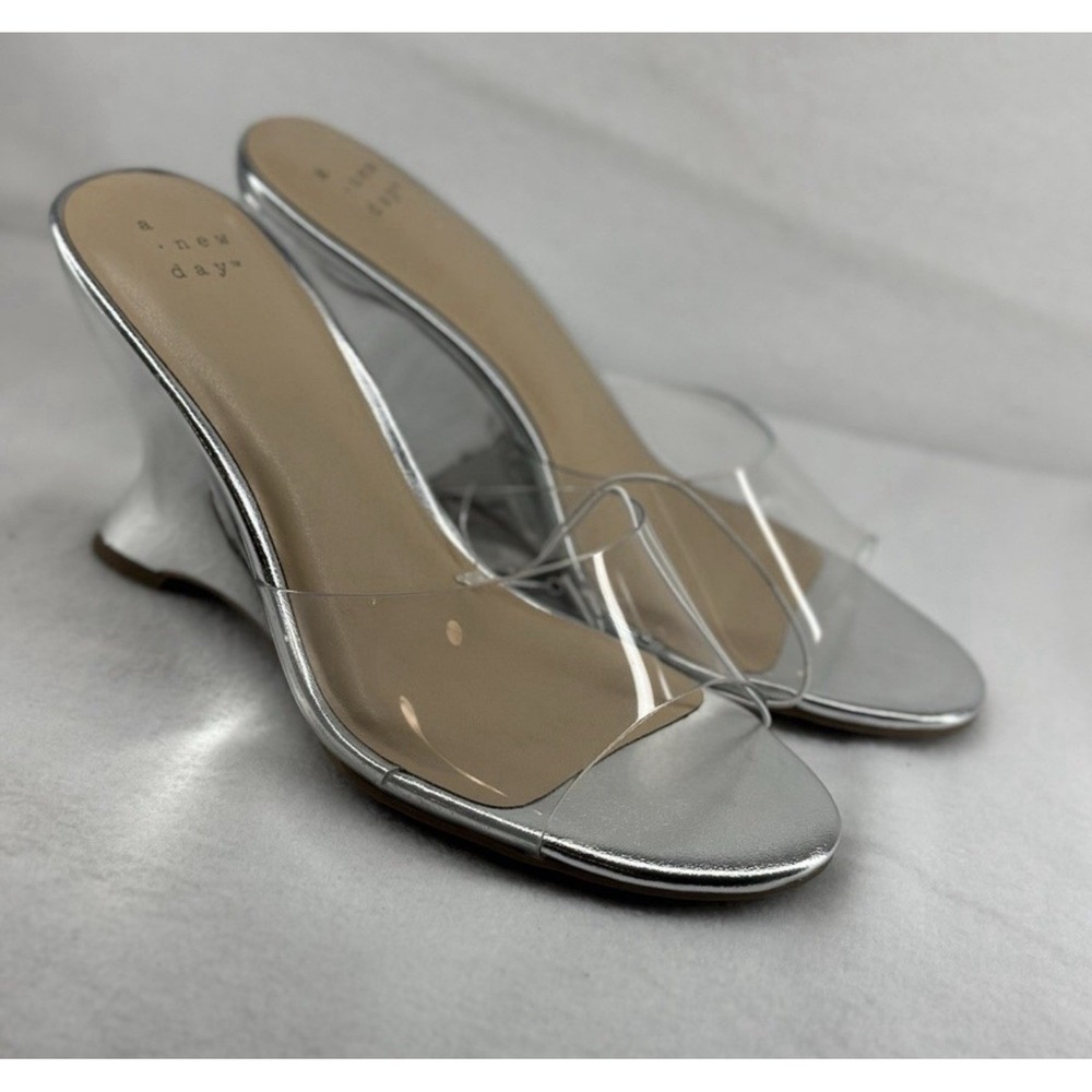 NEW A New Day Chrome Silver Wedge Slides Heels Sz 7 Clear Strap Slip On Chessy